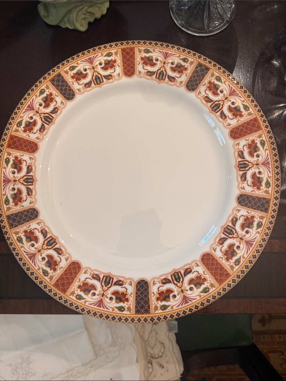 Elegant White Dinner Plate charger with Decorative Rust and Gold Border